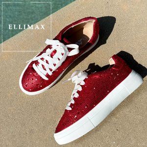 NEW🔥 Sparkling Red Rhinestone Crystal Embellished Lace Up Flat Platform Sneaker